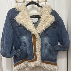 Fashion Nova Blue Denim Jacket with Cream Trim